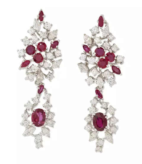 A pair of ruby and diamond cluster drop earrings, each...