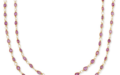 A pink sapphire chain, spectacle set with oval mixed-cut pink...