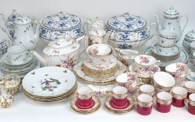 A quantity of English and Continental tea, coffee and dinner part services, 19th and 20th centuries, to include a Crown Derby Meissen style scent bottle and two pot pourris, each with floral encrustations to the body, printed mark to base, the...