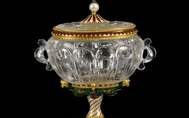 A rock crystal cup and cover with enameled gold mounts, probably French, last third of the 19th century