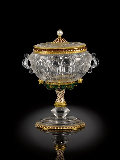 A rock crystal cup and cover with enameled gold mounts, probably French, last third of the 19th century