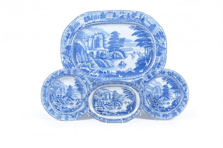 A selection of John & Richard Riley blue and white printed pearlware 'Scene after Claude Lorraine' pattern