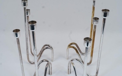 A set of four Danish style silver plated two branch candle holders, c.1980's, 31.4cm high