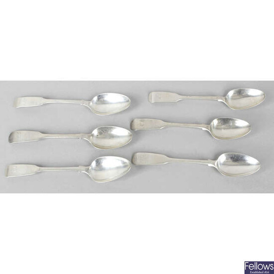A set of six Scottish silver teaspoons, together with another similar English set.