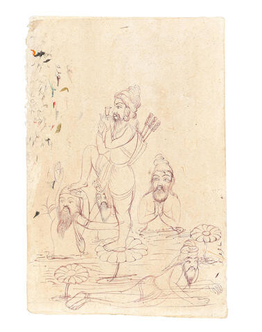 A sheet of sketches of a group of akalis in different poses, one smoking bhang and wearing a quiver, Punjab, mid-19th Century