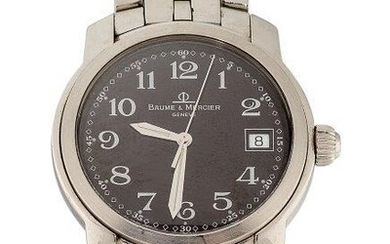 A stainless steel quartz wristwatch by Baume & Mercier, the black circular dial with Arabic numerals, luminous dot hour accents, outer Arabic 5 minute markers, luminous hands, and date aperture, to fancy brick link bracelet with double deployant...
