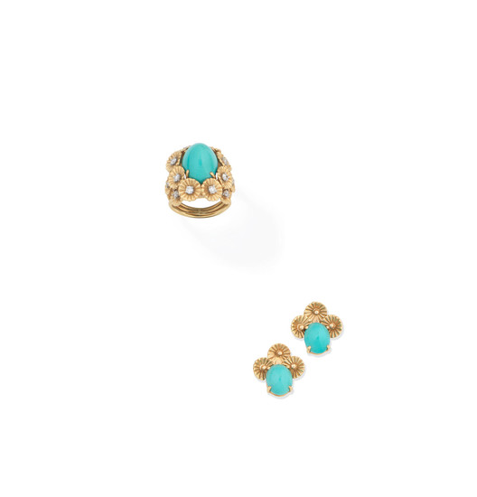 A turquoise and diamond ring and earring suite,, by Russer, circa 1960