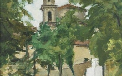 ADOLFO MUTTI Landscape with church. .