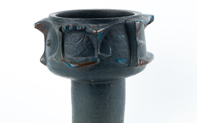 ÅKE HOLM. Sculptural bowl on foot, Höganäs, glazed earthenware, dated 1962.