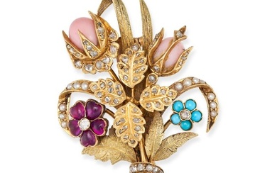 AN ANTIQUE CONCH PEARL AND MULTIGEM FLORAL BOUQUET BROOCH in yellow gold, designed as a bouquet of