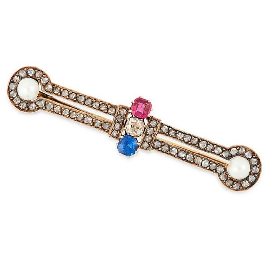 AN ANTIQUE DIAMOND, RUBY, SAPPHIRE AND PEARL BROOCH set