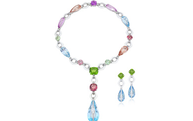 AN ELEGANT MULTI-COLOR GEMS AND DIAMOND NECKLACE AND EAR PENDANTS