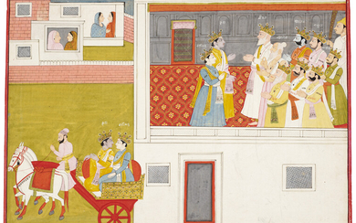 AN ILLUSTRATION FROM A MAHABHARATA SERIES: KRISHNA AND BALARAMA MEET THE PANDAVA BROTHERS INDIA, PUNJAB HILLS, KANGRA, ATTRIBUTED TO PURKHU, 1800-1820