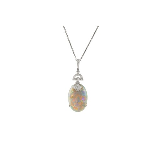 AN OPAL AND DIAMOND PENDANT ON CHAIN, the large opal with di...