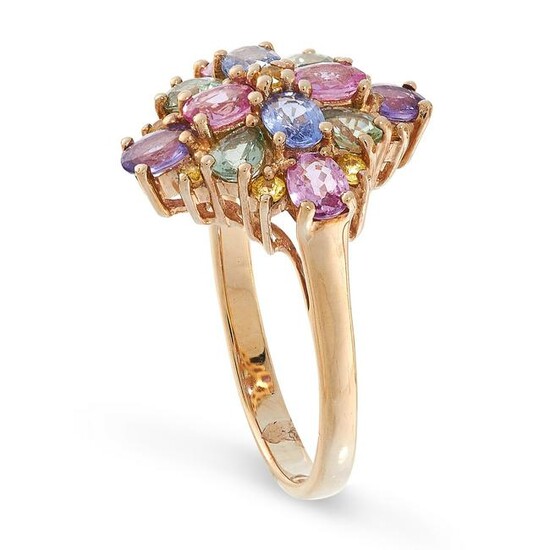 AN UNHEATED MULTICOLOURED SAPPHIRE RING in yellow gold