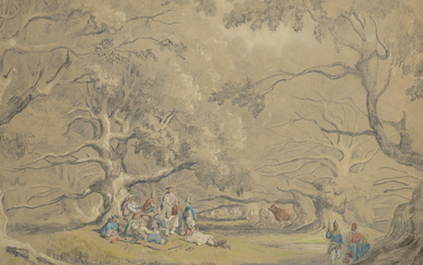 AUGUSTE BORGET (ISSOUDUN 1809-1877 BOURGES), Mucisiens et bergers avec leur troupeau sous les arbres
