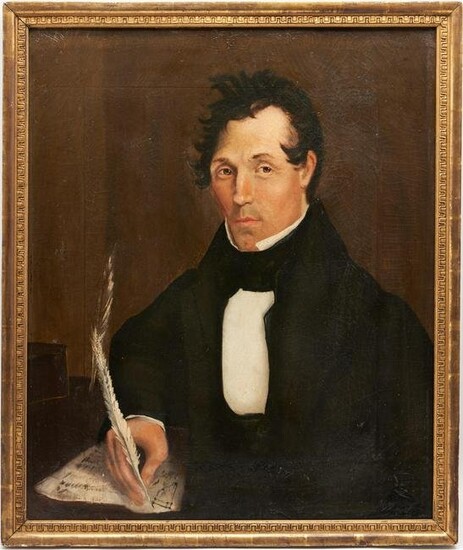 American School 19th c. Portrait, Man with Quill Pen