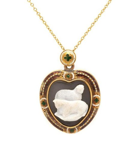 An Antique Yellow Gold, Cameo and Polychrome Enamel