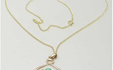 An Art Nouveau turquoise set pendant on 9ct gold chain, tota...