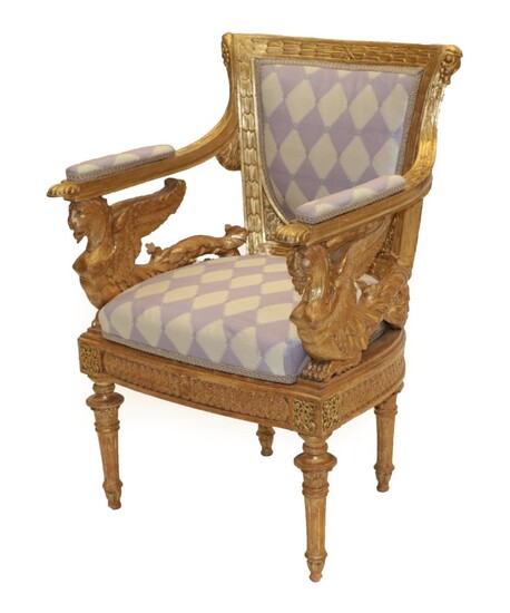 An Empire Style Giltwood Ceremonial Fauteuil, in the manner of Jacob-Desmalter, with...