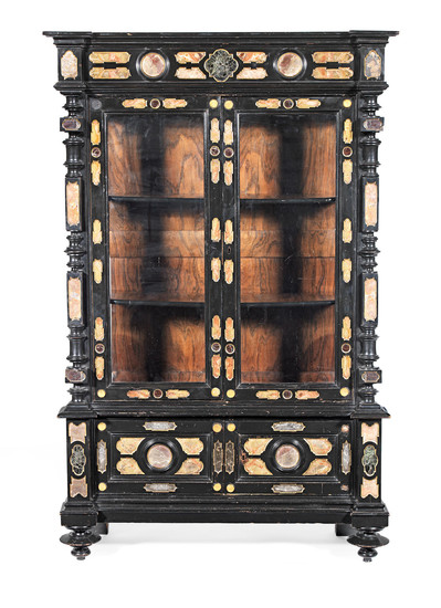 An Italian late 19th century pietra dura inset ebonised display cabinet