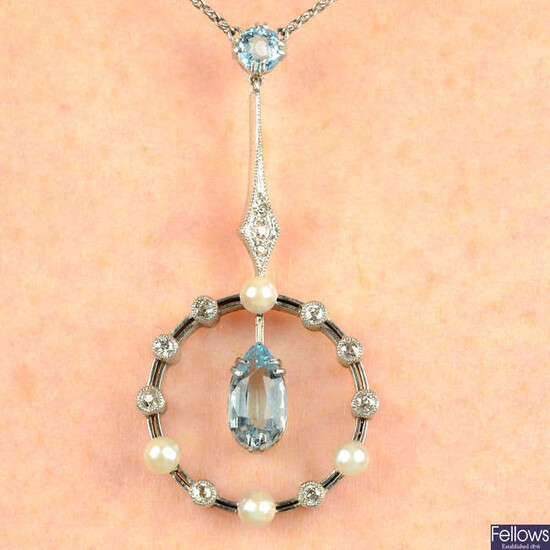 An early 20th century 14ct gold aquamarine, seed pearl and single-cut diamond pendant, on silver chain.