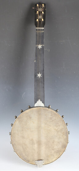 An early 20th century banjo with nickel plated metal body, length 87cm, cased.