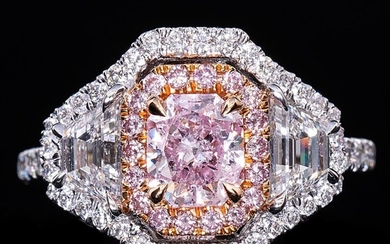 An important diamond ring set with a natural fancy pink diamond weighing app. 1.05 ct. and fancy pink and white diamonds, mounted in 18k pink and white gold.