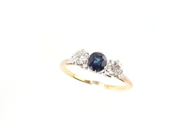 An unmarked 18ct yellow gold (tested) sapphire & diamond thr...