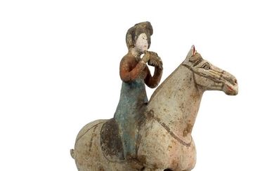 Ancient Chinese, Tang Dynasty Terracotta Painted Pottery Equestrian Musician Playing Pai Xiao, Tl test, H- 35 cm. - 35×30×0 cm