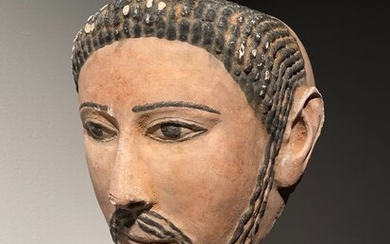 Ancient Egyptian Stucco with pigments original. Superb Funerary Male Mask of mummy. c. 30 BC - 323 AD. Size 40 cm H Intact.