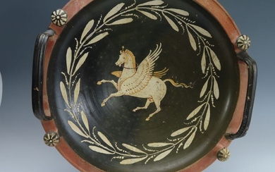 Ancient Greek Pottery Rare Gnathian knob-handeled patera with pegasus. 38 cm Diameter. Very Big and Nice