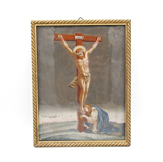 Ancient painting on glass depicting Christ crucified - Blown glass - Late 18th / early 19th century