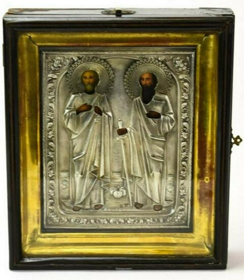 Antique 19c Russian Silver icon of Peter & Paul with
