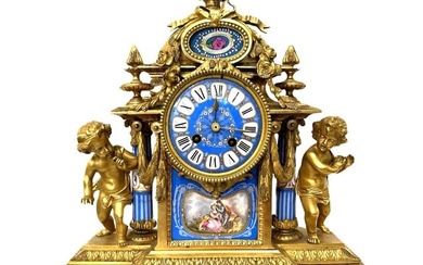 Antique 19th C. French Gilt Bronze and Sevres Porcelain Mantle Clock