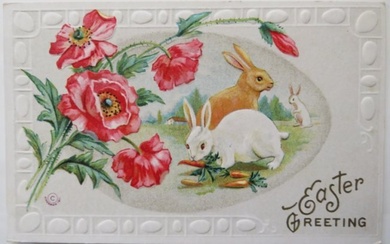 Antique Victorian Easter Greeting Card, Rabbits, Herman 1911, used 1912