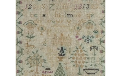 Antique needlework sampler worked by Agnes Mary age 12, fram...