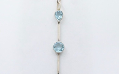 Art Deco Aquamarine and Sterling Silver Line Pendant, Antique Charm