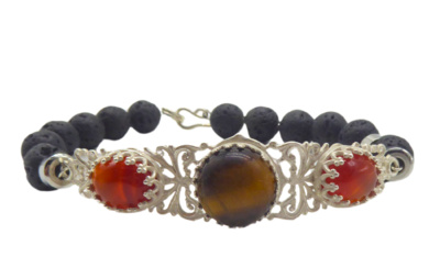 BRACELET WITH LAVA STONES, TIGER EYE, AGATE AND 925 SILVER.