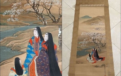 'Beautiful Women under Blossoming Cherry Trees - Exceptional, beautiful and detailed Japanese scroll - Handpainted on silk - Signed and sealed - After Tosa Mitsusada 土佐光貞 (1738-1806) - Heian beauties watching cherries in bloom by a stream - Japan - Meiji