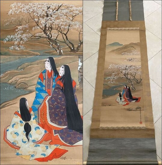'Beautiful Women under Blossoming Cherry Trees - Exceptional, beautiful and detailed Japanese scroll - Handpainted on silk - Signed and sealed - After Tosa Mitsusada 土佐光貞 (1738-1806) - Heian beauties watching cherries in bloom by a stream - Japan - Meiji