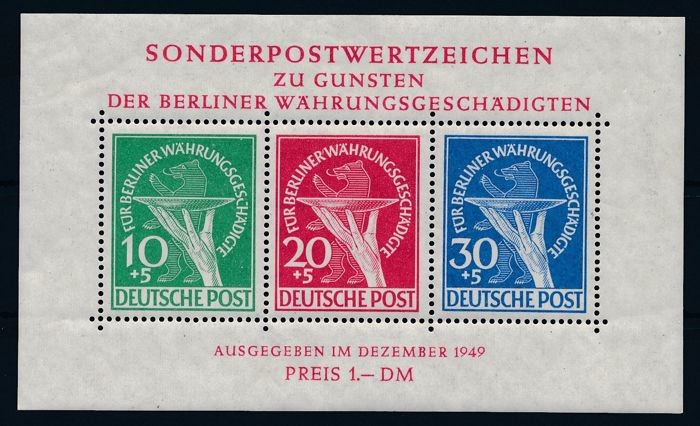 Berlin 1949 - Block issue “Währungsgeschädigte” (Currency Victims) with both plate errors Michel Block 1 II