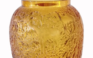 Biches, A Lalique Amber Crystal Vase, Signed