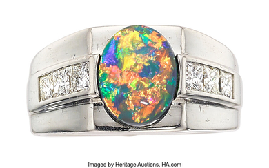Black Opal, Diamond, Platinum Ring Stones: Black opal cabochon;...
