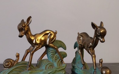 Bookends - The Doe and the Snail - Marble, Patinated bronze