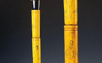 Canne, Chine, vers 1900, canne à poivre jaune, probablement remplie, décor incisé avec des motifs...