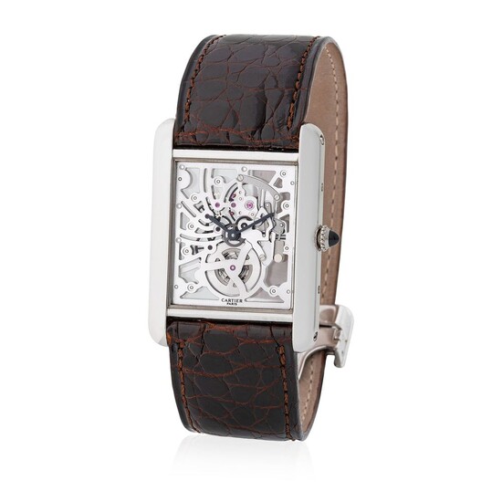 Cartier. Exceptional and Precious Tank Louis Cartier Wristwatch in Platinum, With Skeletonized Dial, Box and Papers