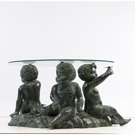 Cast Bronze 3 Putti Figures Base Coffee Table Round Top