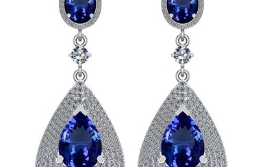 Certified 16.50 Ctw VS/SI1 Tanzanite And Diamond 14k White Gold Vingate Style Dangling Earrings
