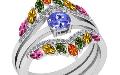 Certified 2.09 Ctw I2/I3 Multi Sapphire, tanzanite And Diamond 10K White Gold Band Ring